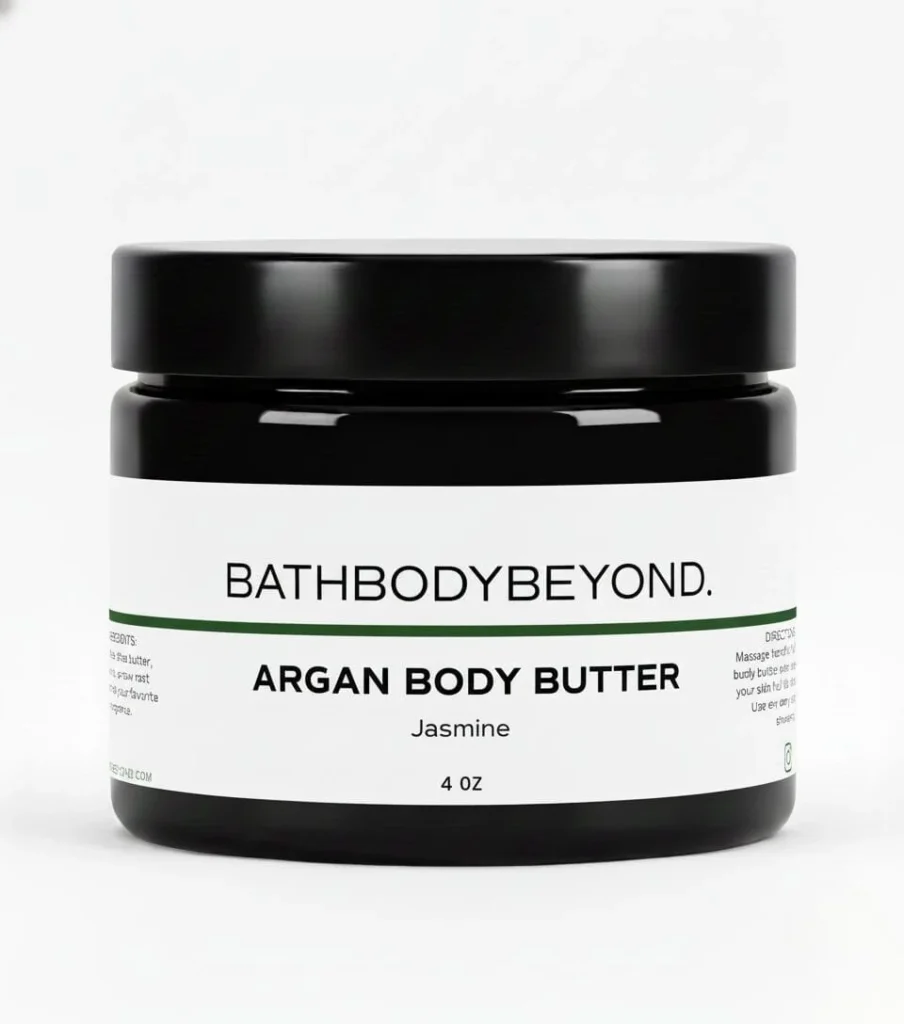 Bath Body Beyond Jasmine Argan Body Butter in a black 4 oz jar