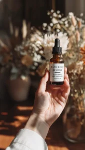 Hand holding Bath Body Beyond Blue Tansy and Rosemary Hair Serum
