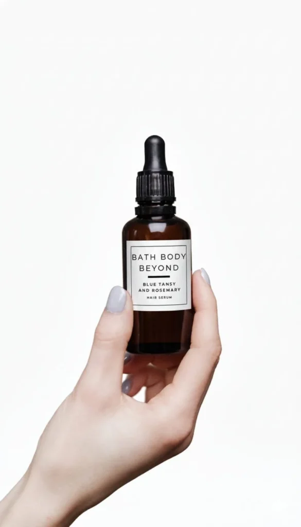 Bath Body Beyond Blue Tansy and Rosemary Hair Serum in an amber dropper bottle