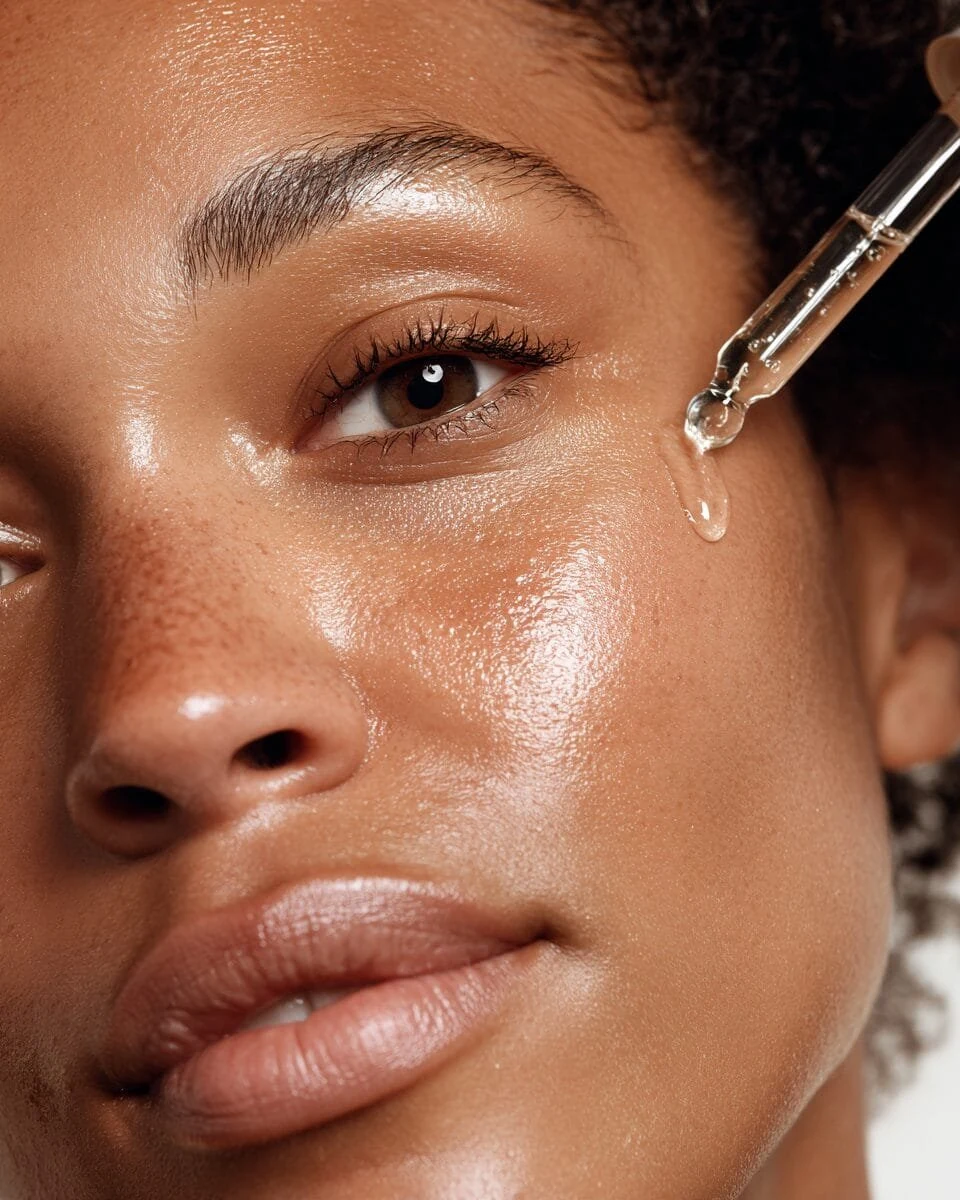 Close-up of luminous skin with a glass serum dropper