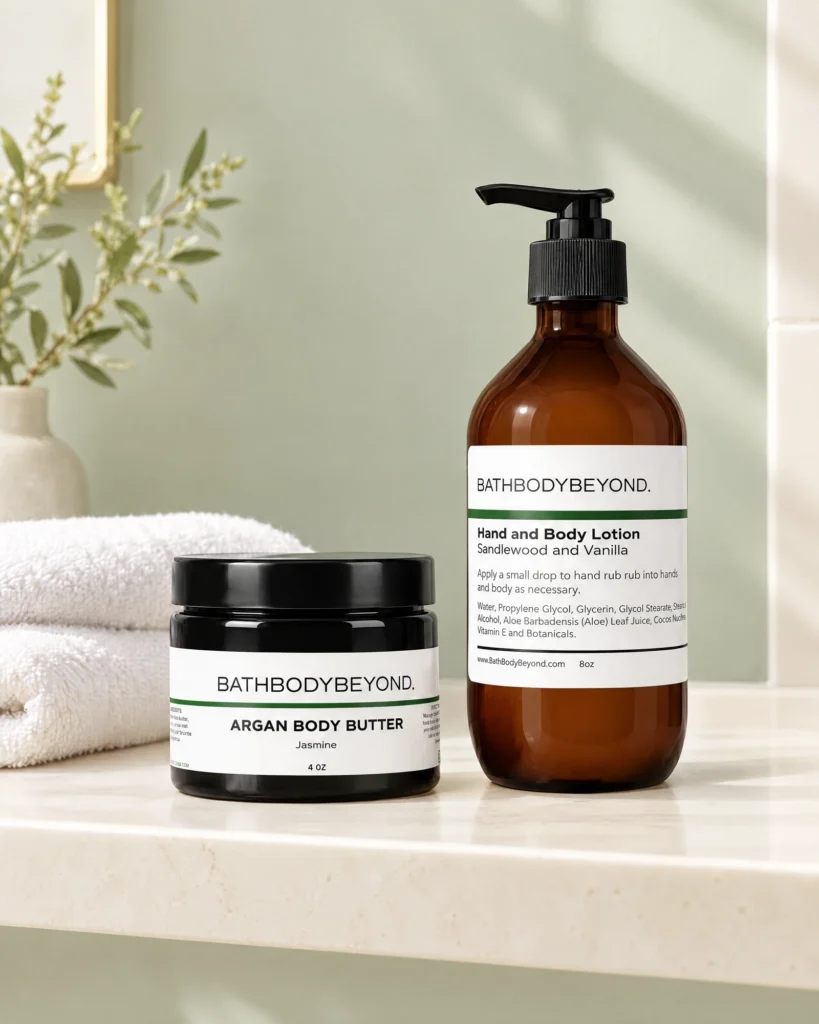Jasmine Argan Body Butter and Hand and Body Lotion on an ivory shelf beside a white towel.