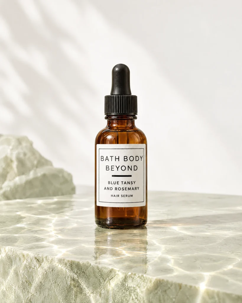 Blue Tansy and Rosemary Hair Serum on pale sage stone with reflected water light.