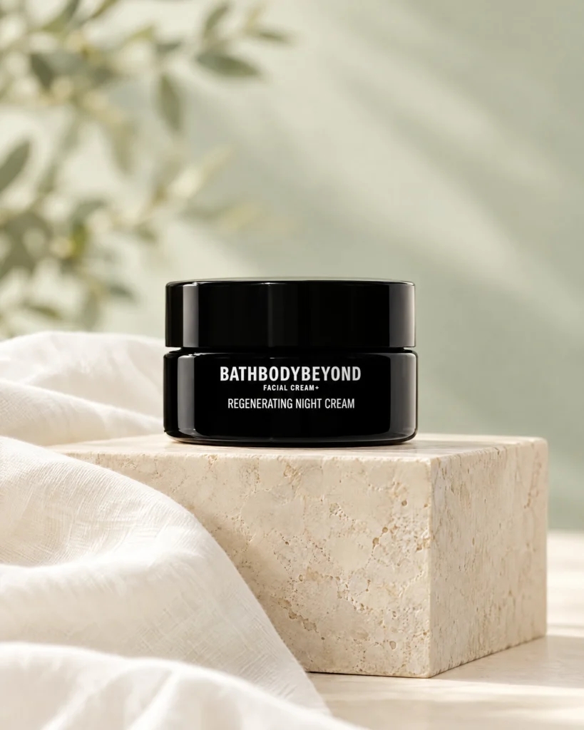 Regenerating Night Cream on an ivory stone pedestal with soft sage light.